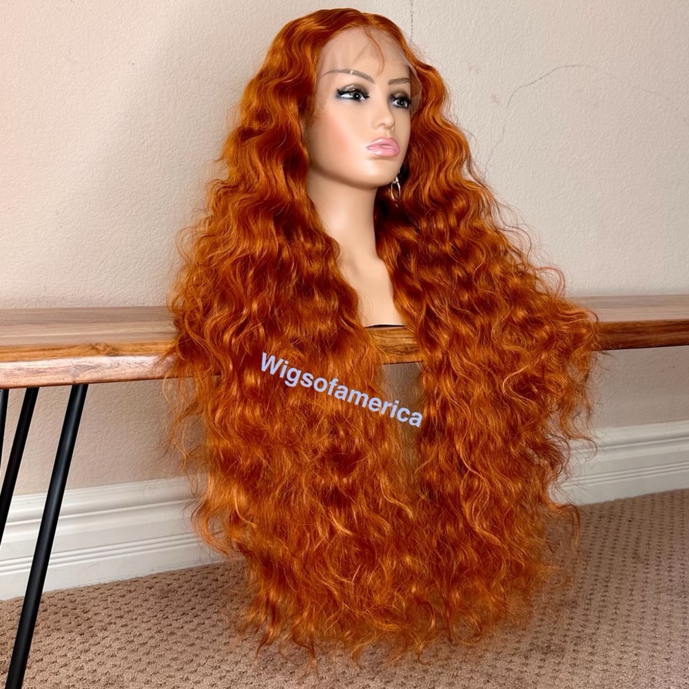 Orange Ginger wig spiral curly lace front middle part 28 inch long